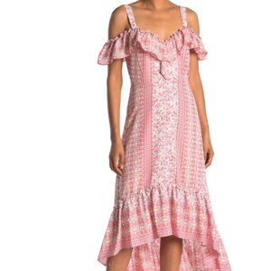 BCBGMAXAZRIA Printed Open Shoulder Ruffle Hem Dress